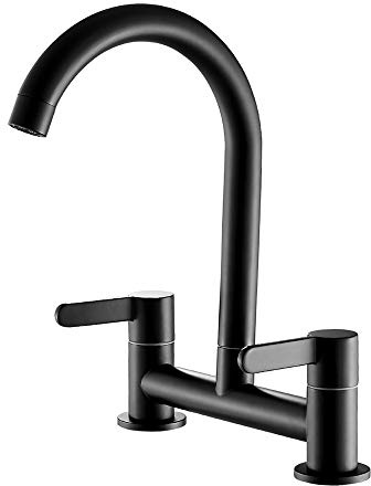 Kitchen Mixer Tap Dual Lever Kitchen Sink Mixer Taps, 360° Swivel Spout / 2 Hole Bridge Tap, 1/4 Turn Easy Use 2 Hole Deck Mounted Mounted Cold and Hot Mixer Tap (Black)