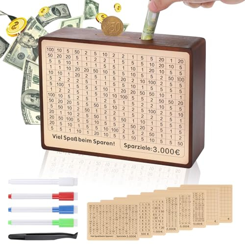 Fentar Spardose Holz, Sparbox mit Zahlen Ankreuzen, Retro Goalsaver Box 500 bis 10000 Euro Geld Sparen Challenge, Sparschwein aus Holz mit Zähler, Geldsparbox, Spardose für Kinder Erwachsene (Braun)