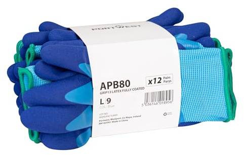 Portwest APB80 Grip 13 Latex Foam Essential Safety Gloves 12 Pack | Blue, Large, Seamless Polyester Liner, Superior Grip, Latex Foam Coating, Durable