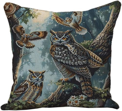 AxiangziK kreuzstich kissen set vorgedruckt,Eulen im Wald fliegen,Stickset 11CT Kreuzstich Kissen zum Basteln Stickkissen Stickpackung,18x18in