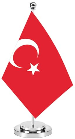 Türkei Miniature Desk Flag Set,8x5 Inch Türkisch kleine Flagge mit 12 Zoll hellen Silber Flagge Pole, Deluxe Dekorationen für Haus Büro Tagungstisch