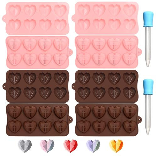 CTYUEYUN 4 Stück 3D Diamant Silikonform Herz 8-Kavität,Herzform Backform mit Zwei Tropfeinsätzen Schokoladenform Silikon Herz Silikonform Backen zum Backen Käsekuchen,Pudding,Mousse,Schokolade