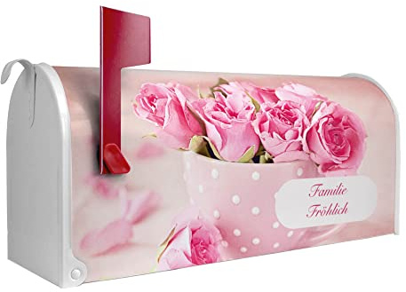 banjado® Amerikanischer Briefkasten - US Mailbox/Letterbox mit Motiv Tasse Voll Rosen 51x22x17cm - Postkasten Stahl aus Amerika – Briefkasten amerikanisch weiß pulverbeschichtet