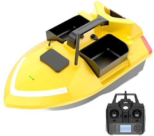 500M 12000mAh Futterboot mit GPS, 2 kg Tragkraft 40 Positionspunktes RC Köderboot mit Nachtleuchtfunktion,3 Köderboxen, Auto Cruise Automatische Rückkehr bei niedrigem Batteriestand, V020 (Gelb)