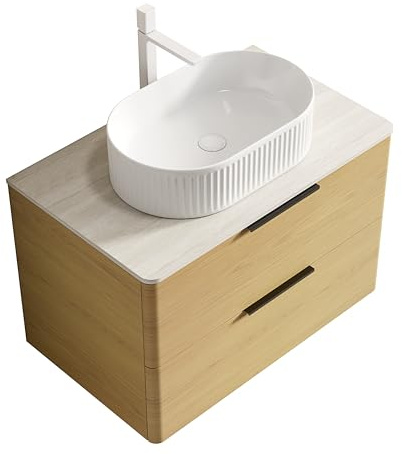 Mobile mobile da bagno con lavabo ovale in ceramica e esterno a righe, pannello sinterizzato travertino, moderno con bordi curvi, due estratti (rovere, 75 cm)
