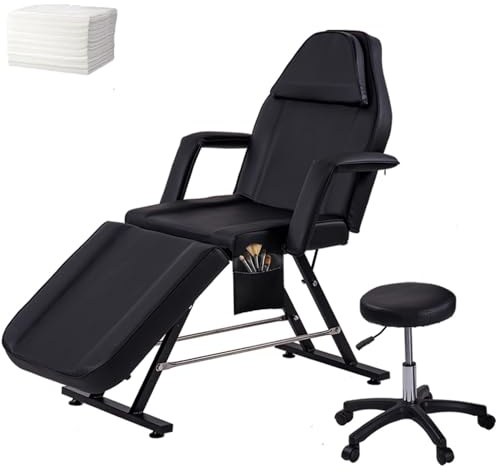 LSBIKE Beauty Bed with Stool and Sheets, Adjustable Massage Chair Reclining Salon Bed Lash Chair with Removable Armrests Headrest Massage Table Set for Spa Salon Tattoo Facial (Black)