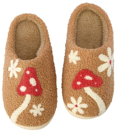 MISS SPARKLING Women’s Plush Indoor House Slippers with Memory Foam, Warm Cozy Winter Home Shoes RETRO MUSHROOM M