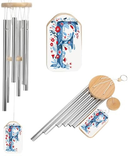 Minimalistisches Windspiel mit Buchstabe F mit Volkskunst, Blumen, Gedenkspiel, tiefer Ton, Windspiel mit 6 Aluminiumrohren, Outdoor-Hinterhof, Gartendekoration