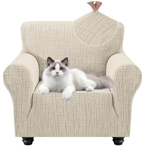 YSTELLAA Housse De Fauteuil 1 Place avec Accoudoirs,Lavable, Beige | Housse Canape Extensible, Universelle, Sofa Cover Antidérapante pour Le Salon, Adapté pour Animaux Domestiques