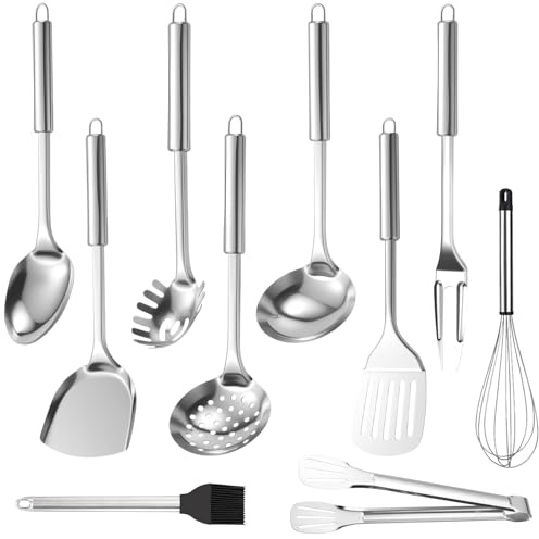 DXiongW Set Ustensiles de Cuisine en Acier Inoxydable 10 Pièces Ustensiles de Cuisine Lavable au Lave-Vaisselle Ensemble de Spatule avec Louche Écumoire Fouet et Cuillère à Pâtes Outils pour Cuisson