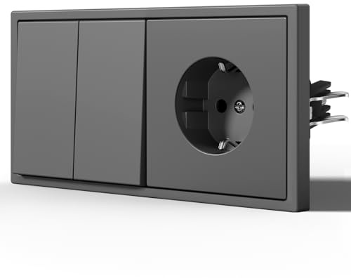 BSEED Interruptor y Enchufe,Interruptor de luz con Garfio,Interruptores Conmutador con Mate,Basculante Con Placa Grande,Fácil Instalación,E-Series,2 Gang 2 Vía Con Enchufe,150mm Gris