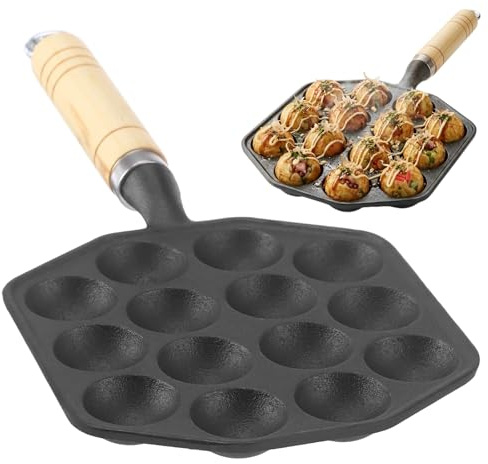 Cast Iron Takoyaki Maker, 14 Hole Octopus Ball Cookware with Non-Coated Healthy Surface, Takoyaki Pan with Oil Brush & 2 Steel Forks for Home Kitchen, Nonstick Stuffed Pancake Puff Skillet