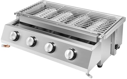 Barbacoa de gas 4 quemadores de acero inoxidable, 58 x 40 cm, plancha de gas portátil, 4 luces independientes para jardín, terraza, camping, parrilla exterior con tapa 9 5 kg