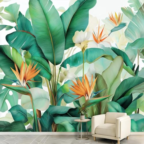 Générique Carta da parati in tessuto non tessuto, fiori tropicali, 200 x 140 cm, carta da parati con piante e foglie di banano, foto panoramiche, decorazione da parete, facile da applicare per