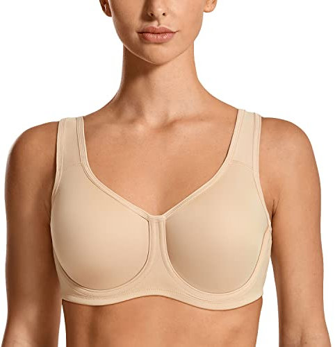 SYROKAN Women's Max Control Solid High Impact Plus Size Underwire Sports Bra Beige 34 G