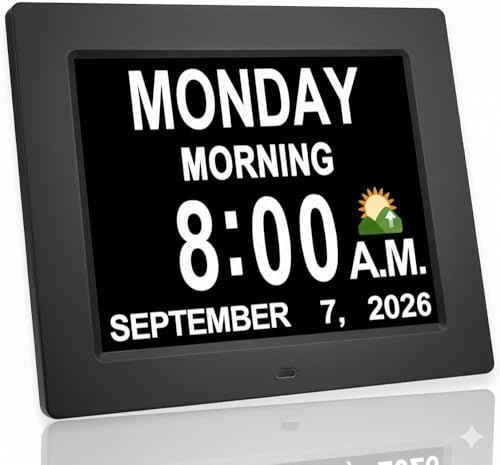 【New 2026】 Digital Calendar Alarm Day Clock - with 8 Large Screen Display, am pm, Multiple Alarms, for Impaired Vision People, The Aged Seniors, The Dementia, for Desk, Wall Mounted, Black