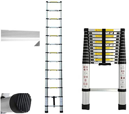 3,8m Mehrzweckleiter Schiebeleitern Teleskopleiter Hochwertiges Aluminium Ausziehbare Klappleiter Anti-Rutsch für Hochklettern/Büro/Loft Haushaltsleiter 150kg Belastbarkeit