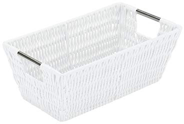 Simplify 11x6.5x4.5 Small Shelf Storage Woven Basket with Handles, Nursery, Playroom, Toys, Bedroom, Closet, Clothes, Office, Decorative Rattan Totes, White