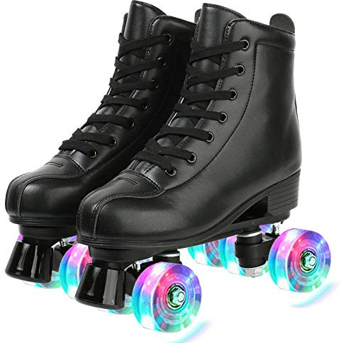 Gets Womens Roller Skates Light Up Wheels, Artificial Leather Adjustable Double Row 4 Wheels Roller Skates Shiny Skates for Teens,Adult (Flash Wheel,39-US: 7.5)