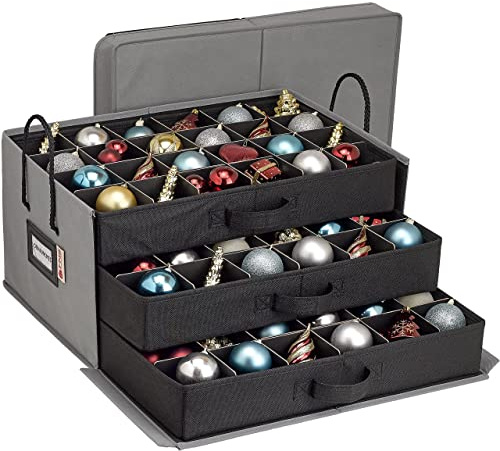 HOLDN’ STORAGE Aufbewahrungsbox Für Weihnachtsschmuck Mit Trennwänden – Für Bis Zu 72–3 Weihnachtsschmuck – Große Aufbewahrungsbehälter Für Weihnachtskugeln Mit 3 Herausnehmbaren Einsätzen – Grau