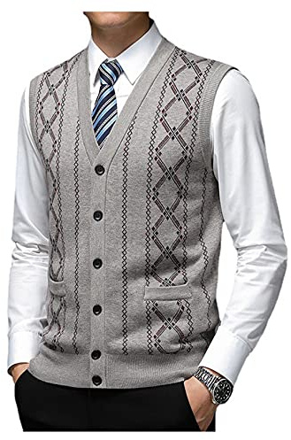 Dawwoti Hommes Tricoté sans Manches Pulls De Laine Mélange d'affaires Plaid Chandail Cardigan Gilets Col V