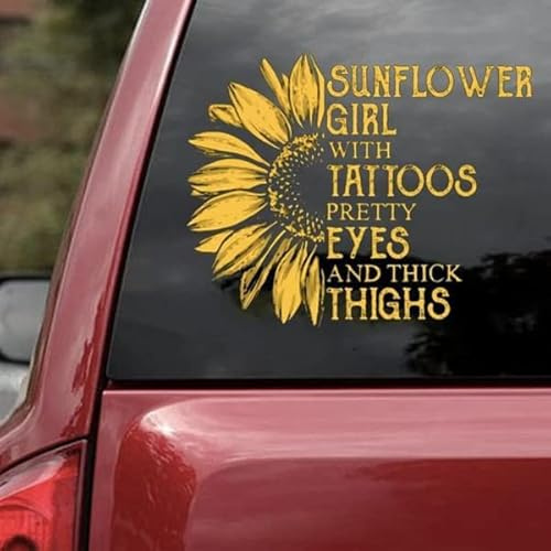 Tammer Sunflower Half Sunflower Girl with Tattoos Pretty Eyes and Thick Thighs Car Decal, Floral Style, Yellow Vinyl, Waterproof, Rectangular, 6x9inch, Window Surface, Car Decal