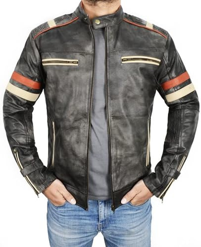 NM-Fashions Vintage Cafe Racer Leather Jacket Men Retro Motorcycle Racing Jacket Distressed Black Large