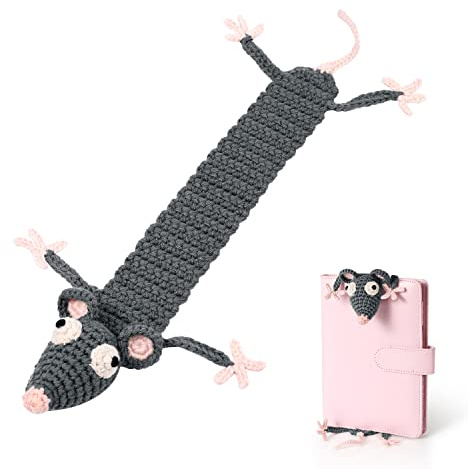 TOYMIS Häkel-Lesezeichen, graue Maus, gestricktes Tier-Lesezeichen-Set für Geburtstag, Mädchen, Lehrer, Leser, Buchliebhaber