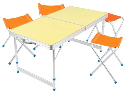 ASKON Faltbarer Aluminium Picknicktisch mit Vier Stühlen - Campingtisch Vier Klapphocker- 120x60x70cm - Farbe Lemon/Orange - Farben können abweichen