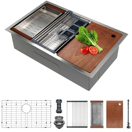 SANYCASA 30 Inch Undermount Kitchen Sink Superior Drain Kitchen Sinks 11 Gauge (3mm) Stainless Steel, Single Bowl Integrated Ledge Multifunctional Workstation Set -