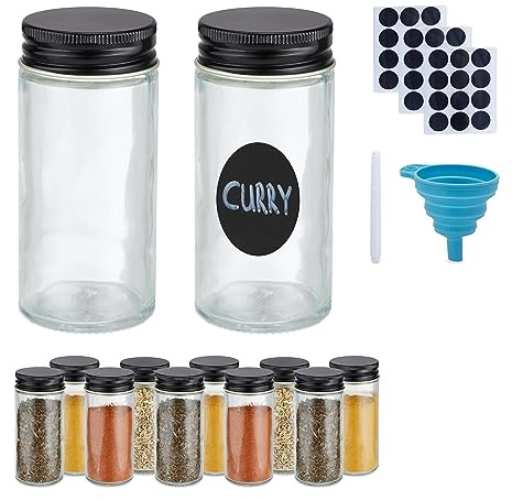Relaxdays Gewürzgläser 12er Set, Streueinsatz, Gewürzdosen Glas, mit Etiketten, Stift & Trichter, transparent/schwarz