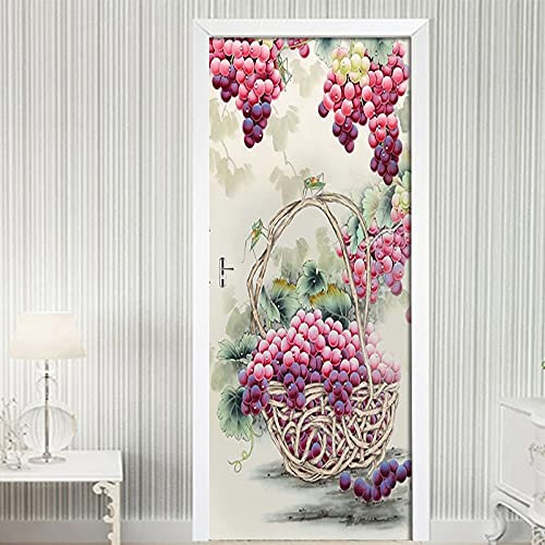 3D Door Stickers for Bedrooms Fruit Grape Flower Basket 90X200Cm Art Door Decals Poster Wallpaper Children Boys Girls Home Living Room Bathroom House Decoration Vinyl Stickers Removable Mural