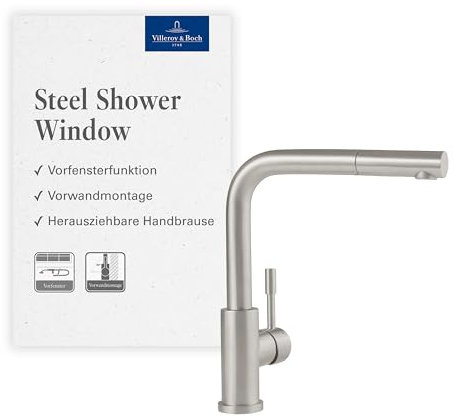 Villeroy & Boch Steel Shower Window Hochdruck-Küchenarmatur mit ausziehbarer Handbrause, energiesparende Kaltstart-Funktion, Vorfenster-Installation, 272 mm Höhe, Edelstahl massiv