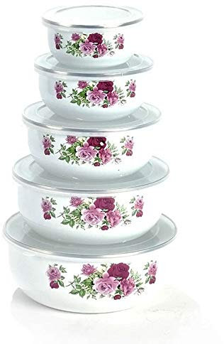 HAHIKES Juego de 5 Cuencos de Sopa clásicos de Esmalte Blanco, Cuencos de Postre, ollas para Sopa, ensaladera, Cuenco de Comida con Cubierta de plástico hermética