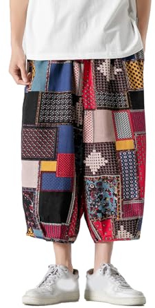 GURUNVANI Patchwork breda ben byxor elastisk midja harlem capribyxor lösa strandbyxor, 24k228red, S