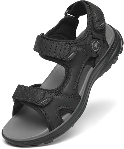 FLARUT Sandalias de los Hombres de Verano Zapatos de Senderismo Trekking Deportes al Aire Libre de Cuero Playa Dedo del Pie Abierto Deportivas Casuales(Negro,43)