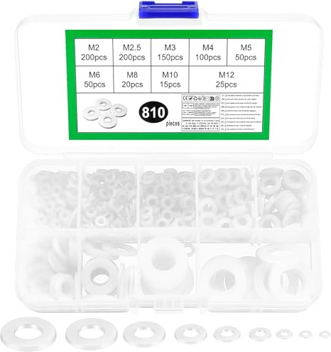Lot de 810 rondelles en nylon, rondelles en plastique blanc, rondelles assorties, rondelles plates et rondes pour réparation de vis, boulons, plomberie, M2, M2,5, M3, M4, M5, M6, M8, M10, M12