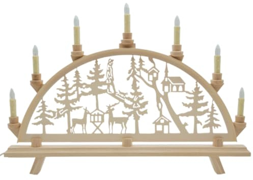 Erzwelt - Lichterbogen DBR55 – Motiv Wald | 55 x 37 x 5 cm – Schwibbogen aus Holz – Leuchtbogen mit 7 Kerzen – Original Erzgebirge Fensterbogen – Weihnachtsdeko