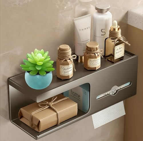 Porta rotolo di carta igienica extra lungo e robusto, con mensola, in acciaio inox grigio opaco, per bagno, contiene tutti i rotoli e i fazzoletti, funge anche da supporto per telefono e ripiano