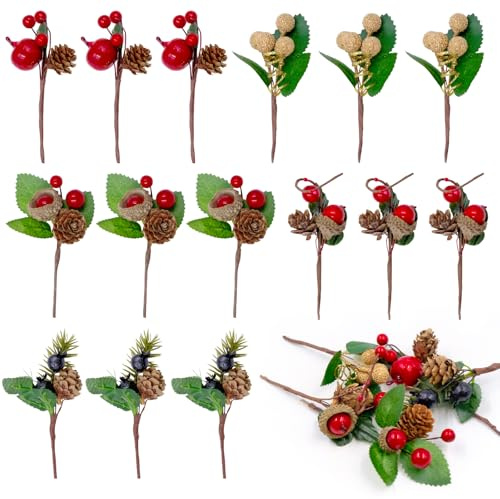 Fahibin 15pcs Tallos de Bayas Rojas de Navidad, Rama de Bayas Rojas de Navidad con Cono de Pino,Bayas de Acebo Artificiales para Adornos