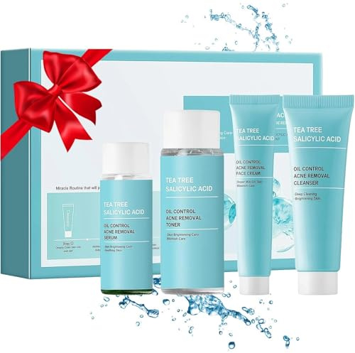 Skincare Set - Tea Tree Acne Treatment Set for Oily, Acne-Prone Skin - Salicylic Acid Cleanser, Toner, Serum & Cream, 4PCS - Complete Teen Skincare Gift Kit for Acne Removal