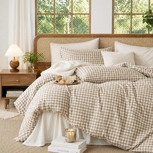 Sedefen Housse de Couette 240x260 avec 2 Taies d'oreiller 65x65 cm Carreaux Vichy,Marron Parure de Lit 2 Personnes Adulte avec Fermeture Éclair, Sets de Housse à Carreaux en Microfibre