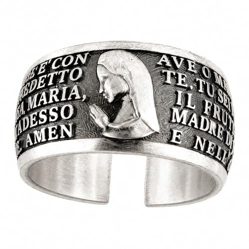 Gioielli Aurum Bague Ave Maria en argent sterling 925 réglable, bande brunie avec Vierge et prière gravée, bijou religieux unisexe pour homme, femme et garçon, Argent sterling, Aucune pierre précieuse