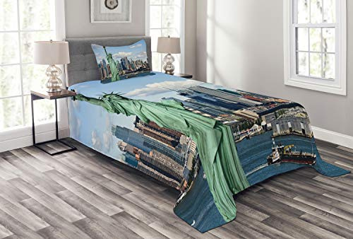 ABAKUHAUS New York Tagesdecke Set, Freiheitsstatue NYC, Set mit Kissenbezug Romantischer Stil, für Einzelbetten 170 x 220 cm, Mintgrün Blau