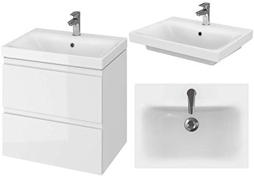 VBChome Badmöbel 50 x 35 cm Set Weiß Hochglanz Slim Waschbecken mit Unterschrank Waschtisch 2-Schubladen Badschrank Holz Waschbeckenunterschrank Badezimmerschrank Badschrank