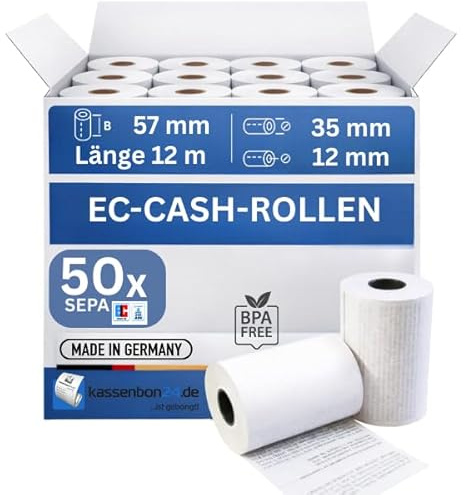 Kassenbon24.de EC-Cash Rollen 57x35x12mm – 12m | 50 Stück BPA-frei | Thermorollen für Kartenterminal EC-Terminal Kartenleser | Kassenbonrollen Thermopapier 48g/m²