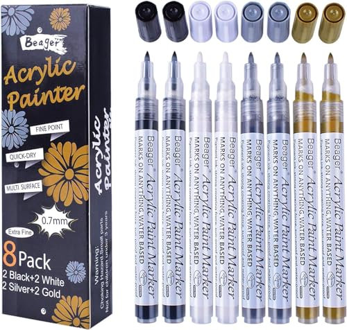 Schwarz Weiß Gold Silber Acrylstifte, 0,7mm Permanent Marker Stifte Wasserfest Acrylfarben Stifte Steine Bemalen Stifte für Steine Keramik Holz Metall Papier Glas Stoffe Kunststoff Leder DIY 8 Pack