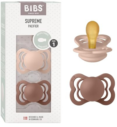 BIBS Supreme Schnuller, 0-6 Monate, 2er-Pack, Woodchuck/Blush | Symmetrischer Sauger | Naturkautschuklatex | Größe 1 | BPA-frei | Hergestellt in Dänemark | Hohe Akzeptanz | Luftlöcher