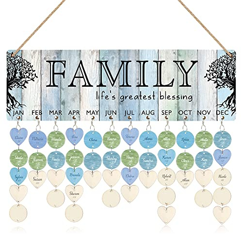 TOARTi Blessing Family Reminder Calendar Board(16''x5''), DIY Wooden Birthday Calendar Wall Hanging with 100pcs Wood Tags, Decorative Family Birthday Plaque Mother's Day Gift for Mom/Grandma