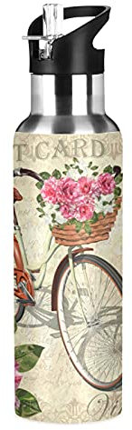 TropicalLife Water Bottle with Straw 600ml Leakproof Hot Water Bottle Vintage Bike Rose Butterfly Vacuum Insulated Bottle for Boys Girls Adult Outdoor Sports